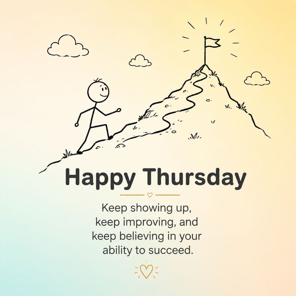 a stick figure climbing a mountain toward a flag thursday motivation quotes for work