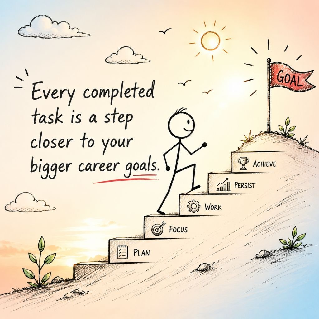 a stick figure climbing steps toward a goal flag work inspirational quotes