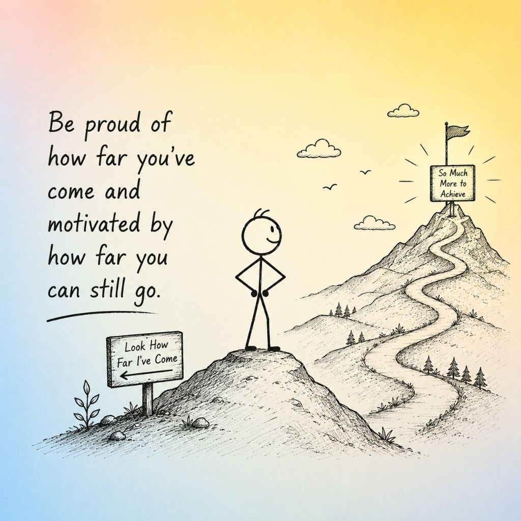 a stick figure reflecting on progress with motivational work quotes for employees