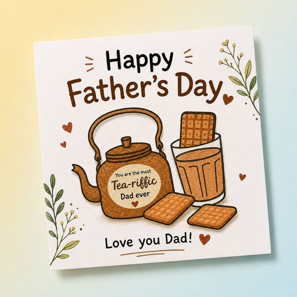 a teapot, tea cup happy fathers day card