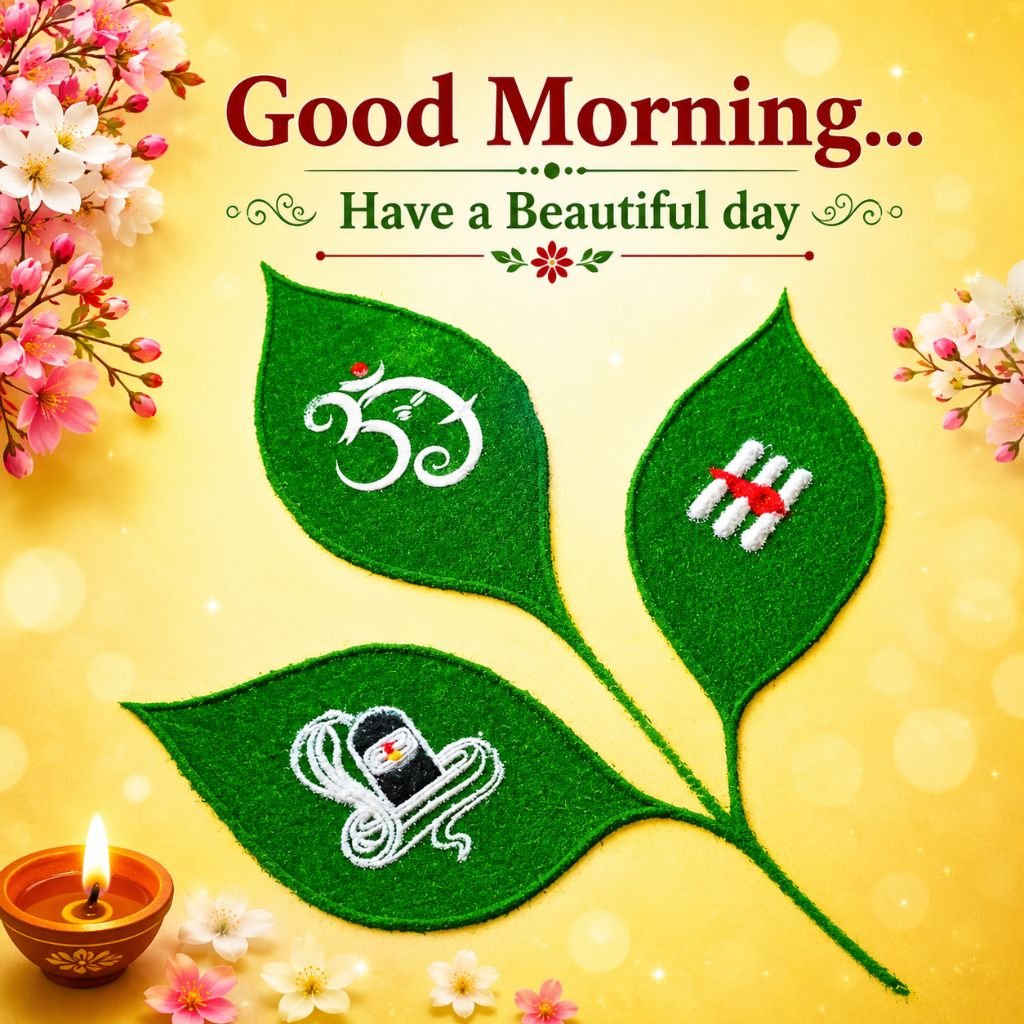 bilva leaves featuring Om, Shiva Lingam good morning friends pic