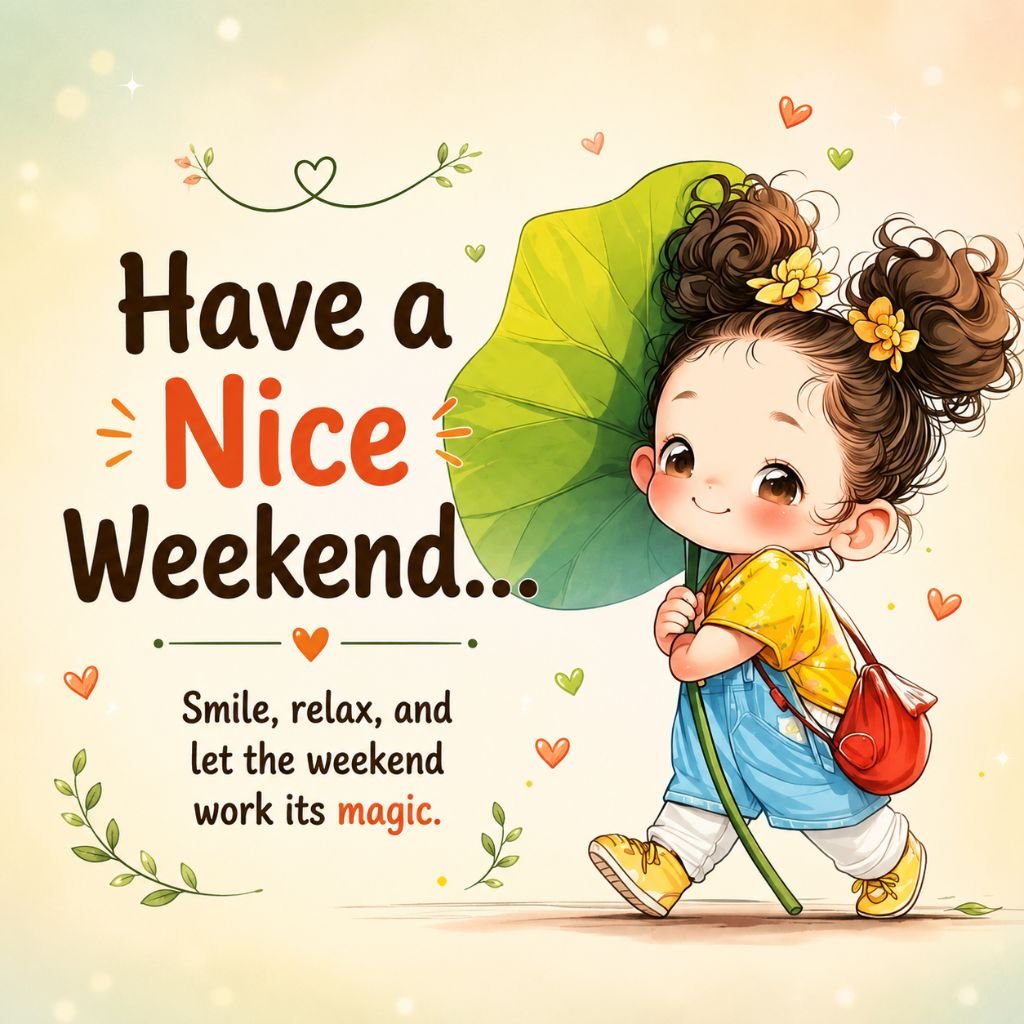 cartoon girl holding a large green leaf with a Have a Nice Weekend message