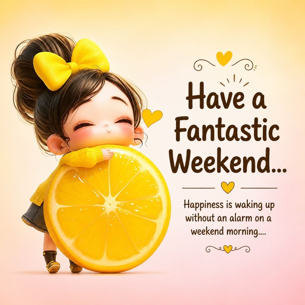 cartoon girl hugging a large lemon with a Have a Fantastic Weekend message
