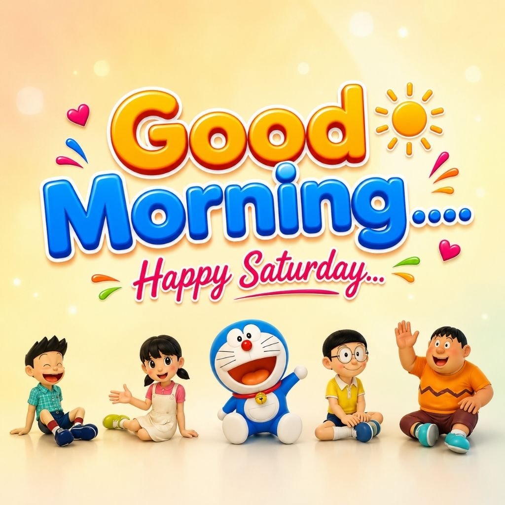 cheerful cartoon children with saturday messages