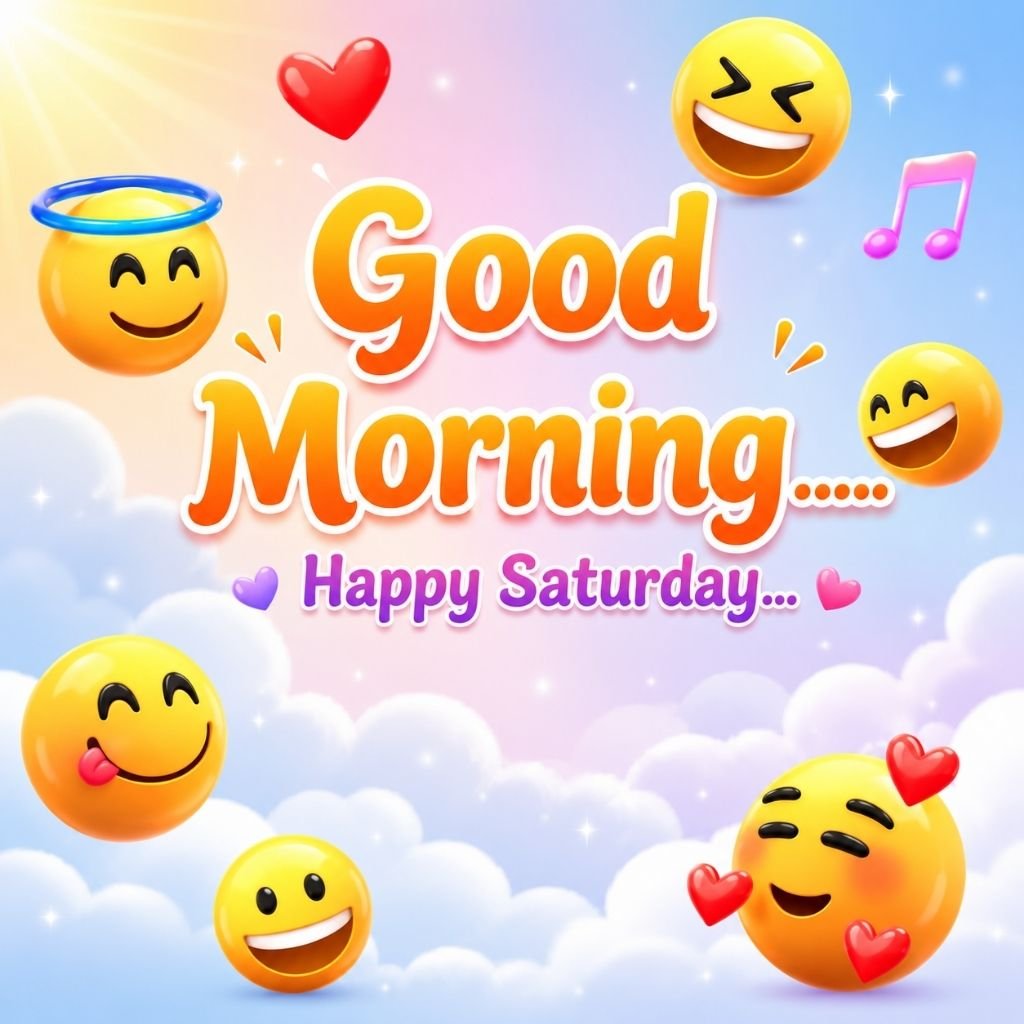 cheerful emoji faces floating among fluffy clouds with good morning saturday images