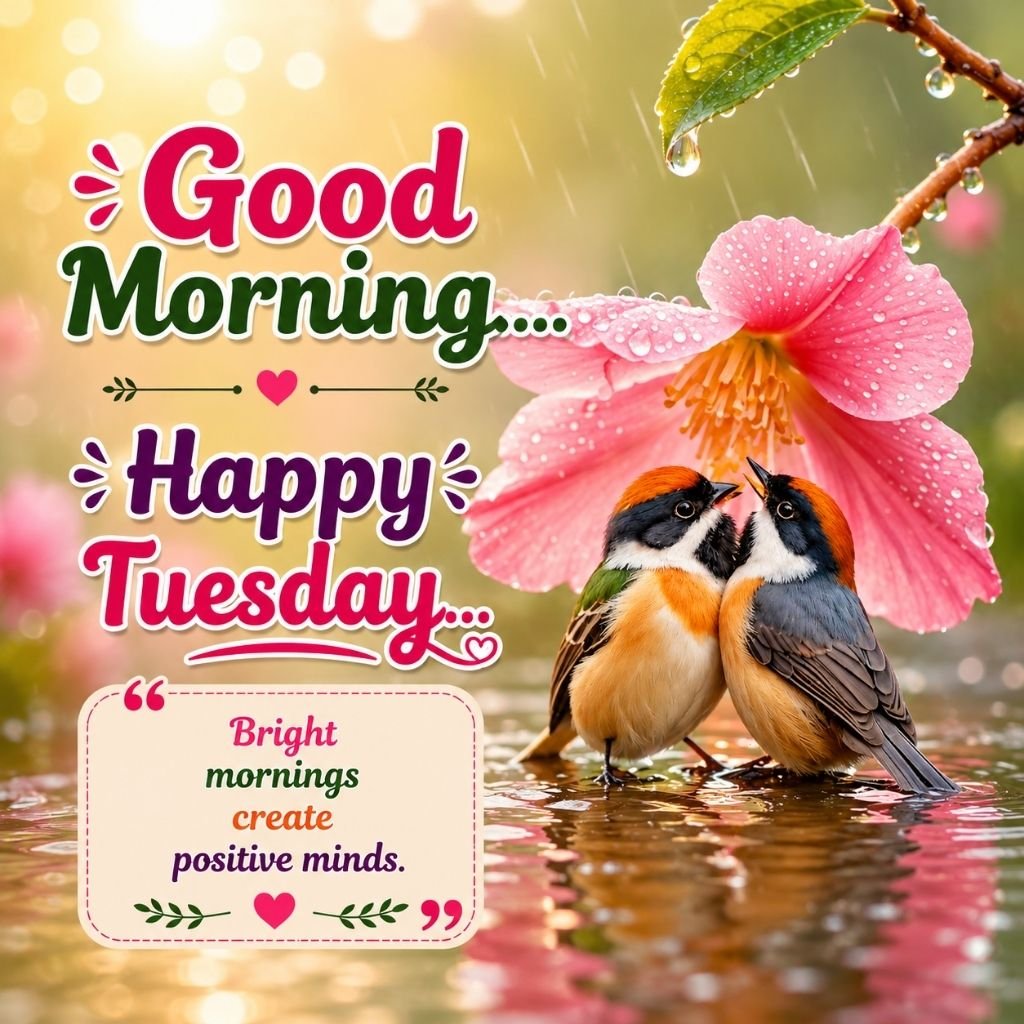 colorful birds beneath a pink blossom flower happy tuesday good morning quotes
