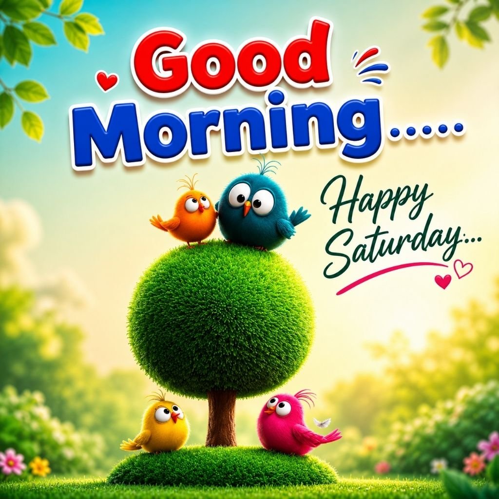 colorful cartoon birds sitting on a round green topiary tree with picture of good morning saturday