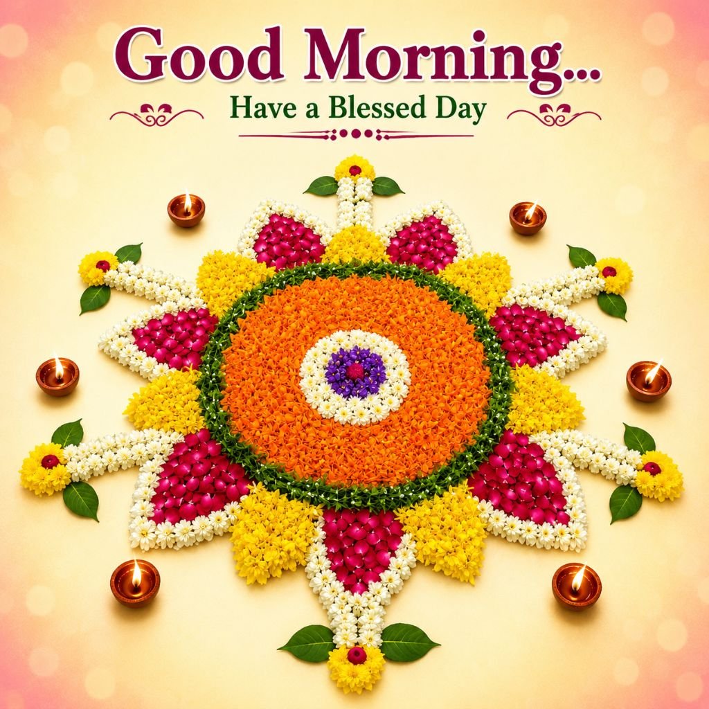 colorful floral rangoli made of flower petals pic of morning