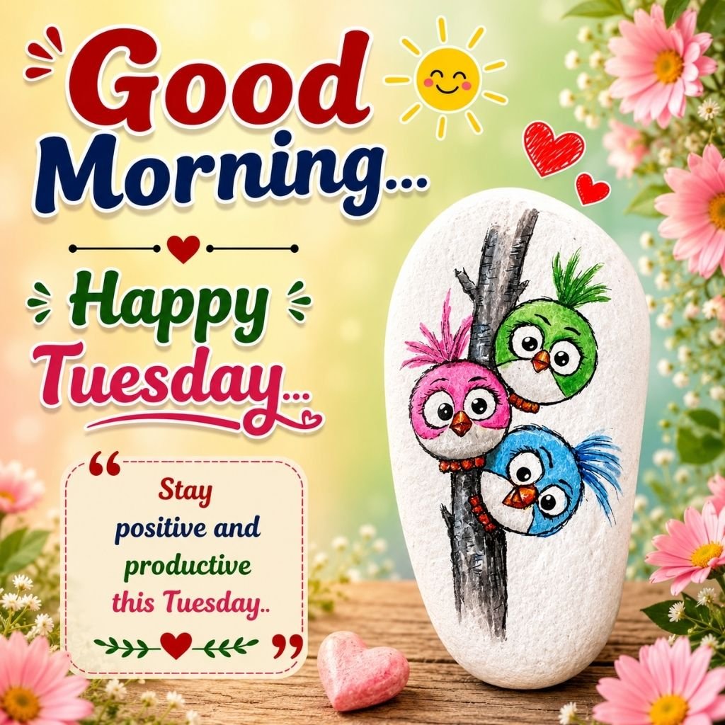 colorful painted birds on a white stone with tuesday morning wishes