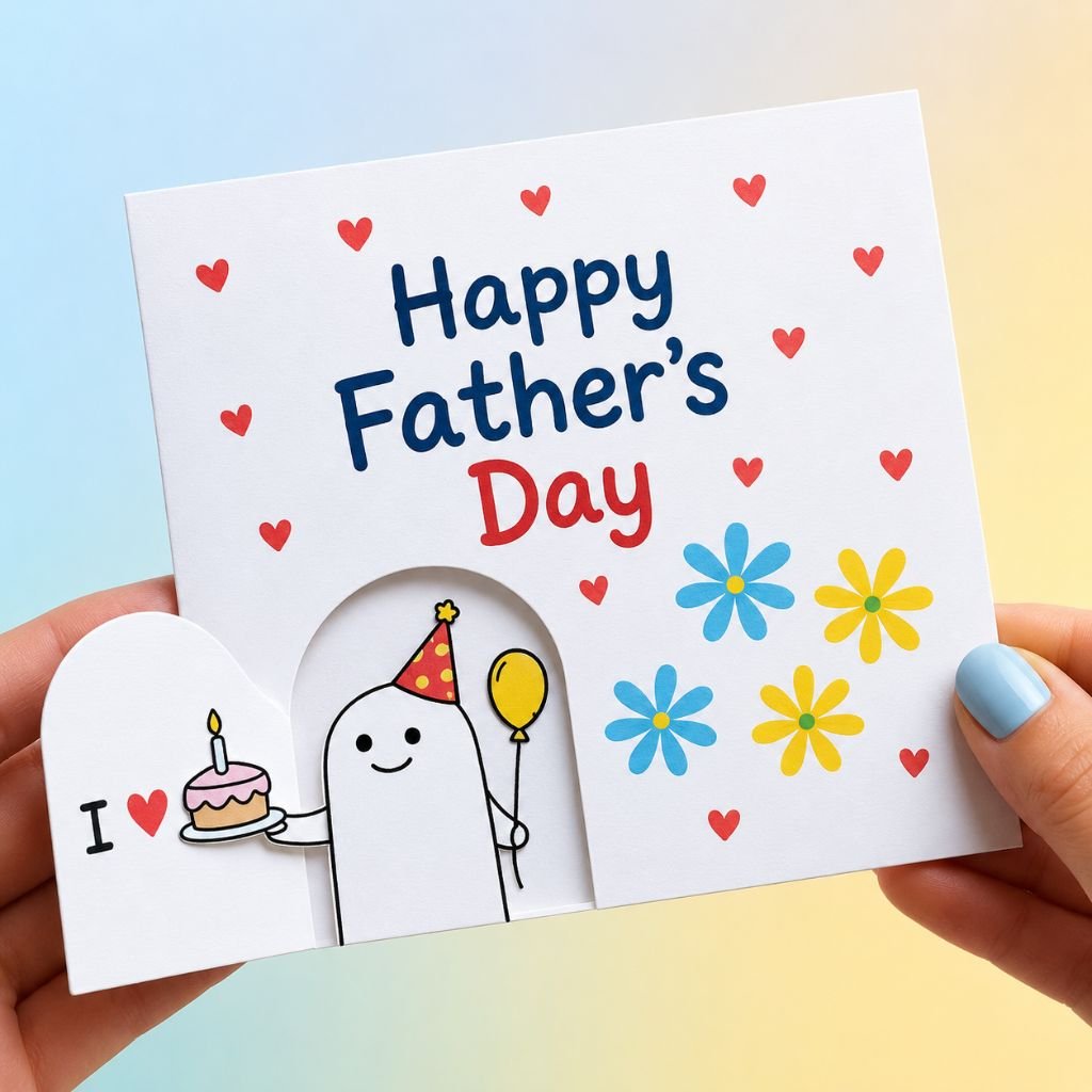 cute character holding a balloon and cake father day card