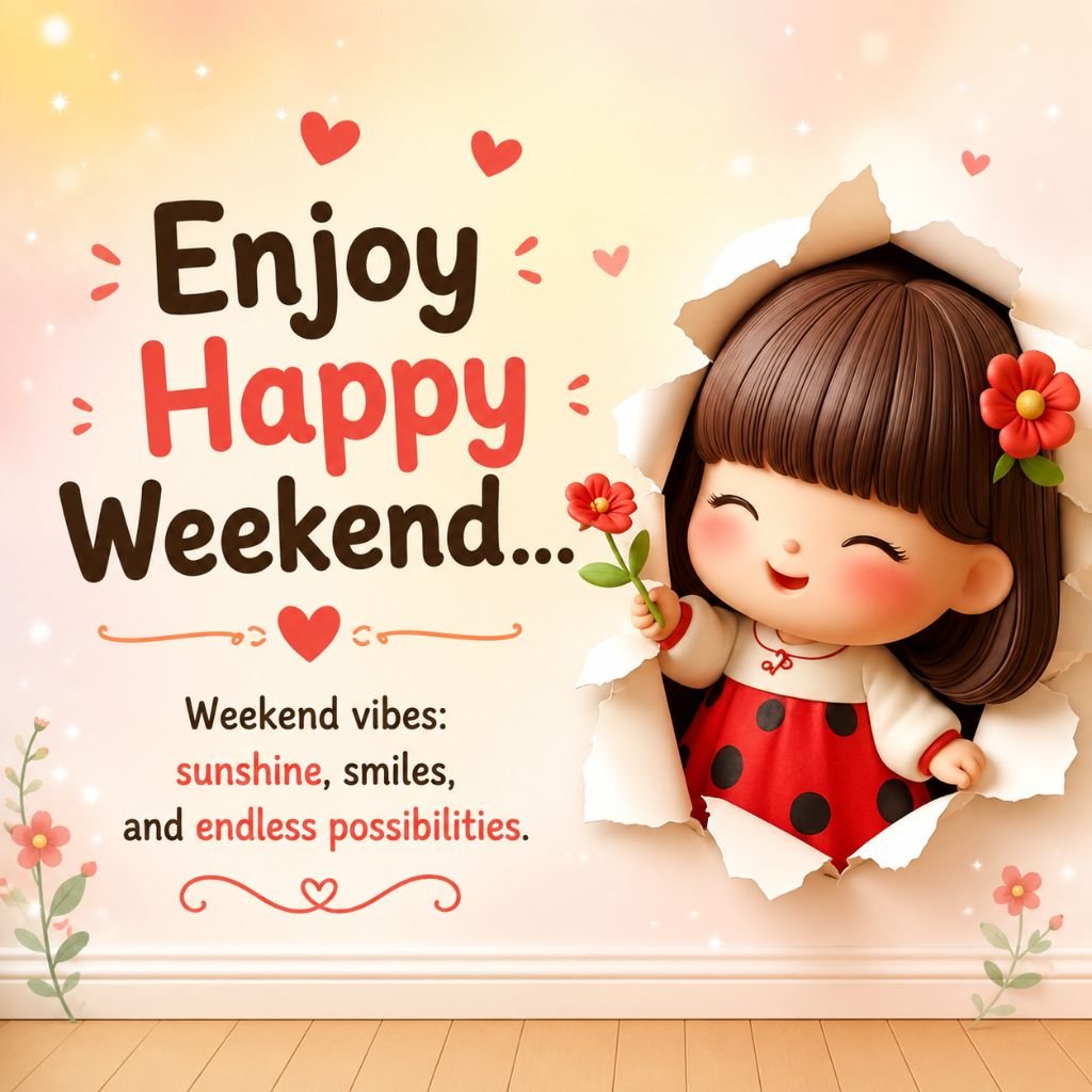 doll-like girl peeking through torn paper with Enjoy Happy Weekend quote