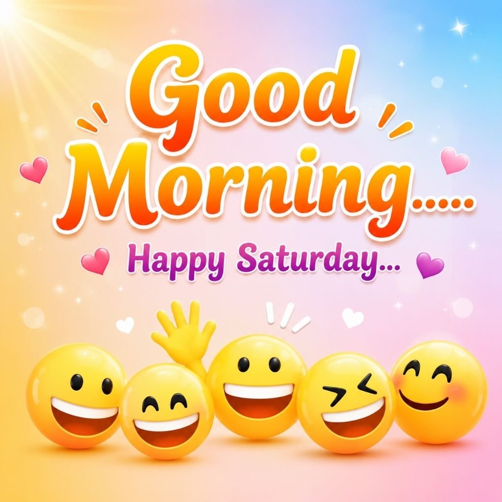 five smiling yellow emoji characters with saturday blessings image