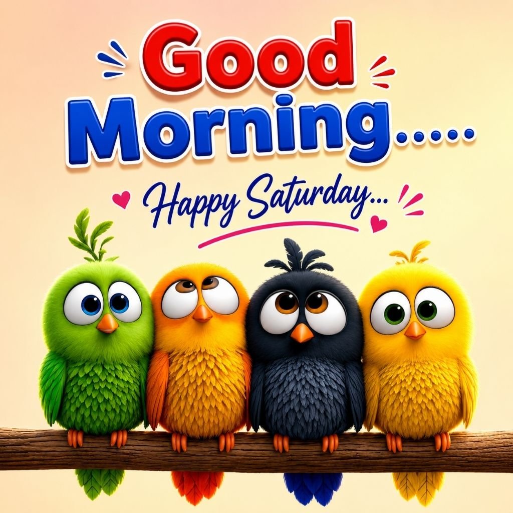 four colorful cartoon birds perched with saturday morning images