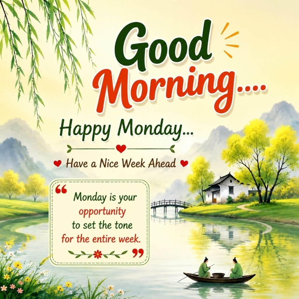 good morning happy monday image with a tranquil river