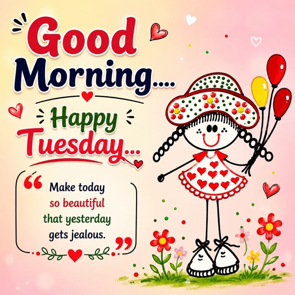 good morning happy tuesday image featuring a cute cartoon girl holding balloons