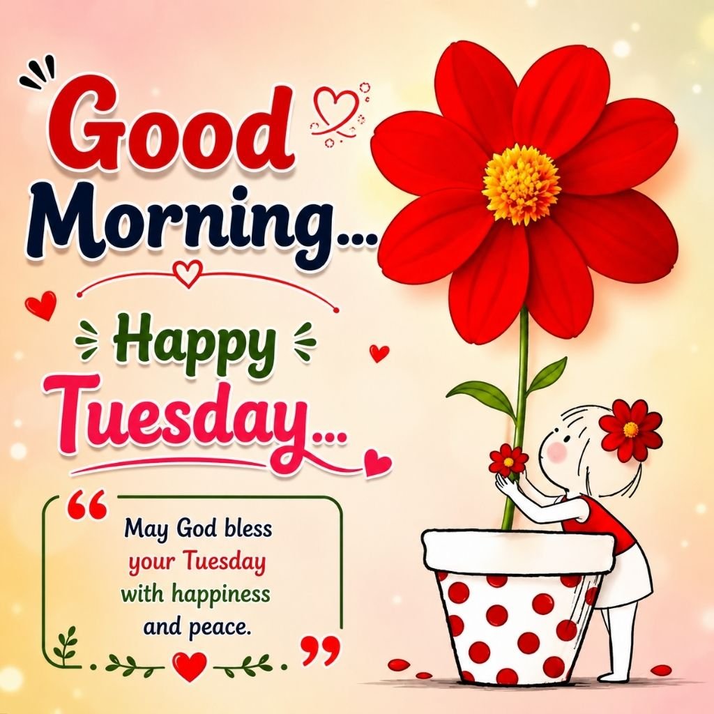 good morning happy tuesday image featuring a cute girl hugging a giant red flower 