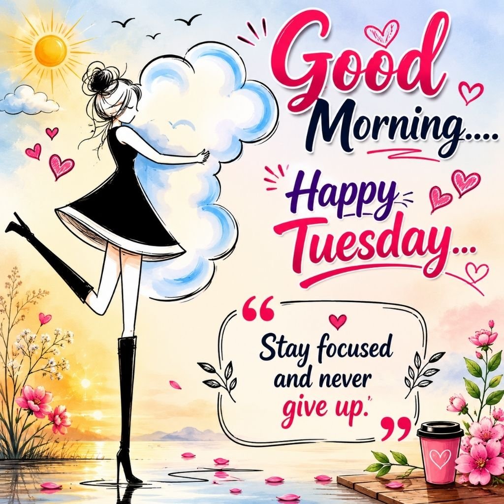 good morning happy tuesday image featuring a girl hugging a cloud with hearts 