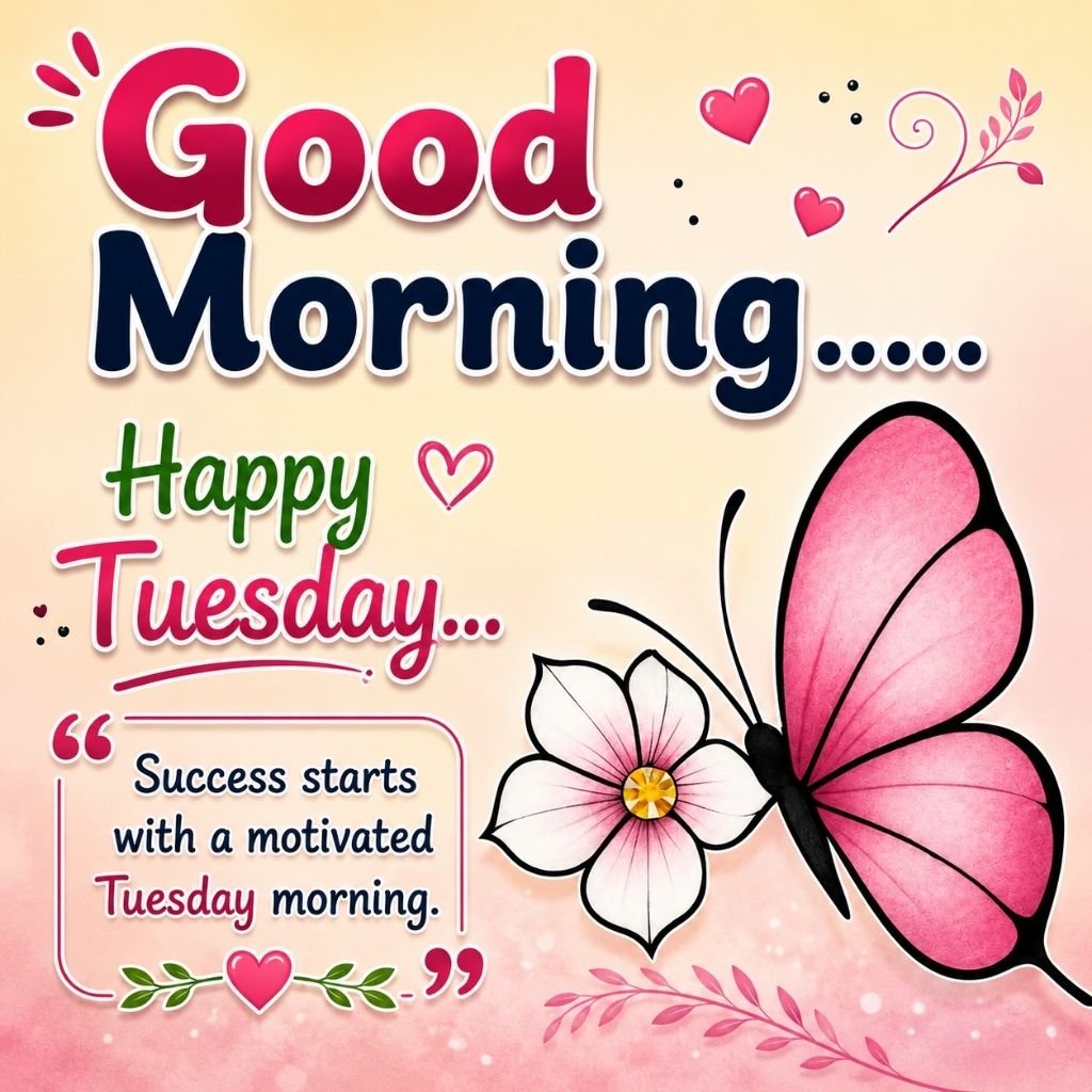 good morning happy tuesday image featuring a pink butterfly 