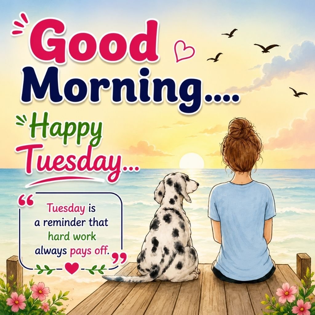good morning happy tuesday image featuring a woman and a dalmatian dog 
