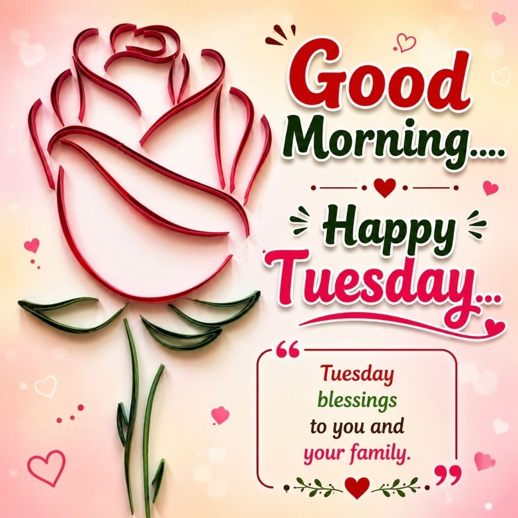 good morning happy tuesday image featuring an elegant rose