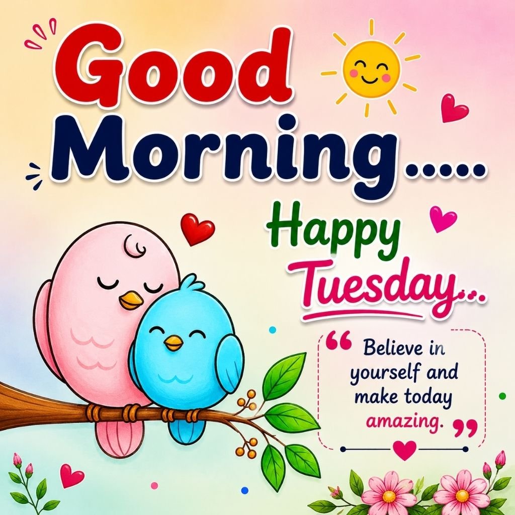 good morning happy tuesday image featuring two adorable birds on a tree branch with flowers 