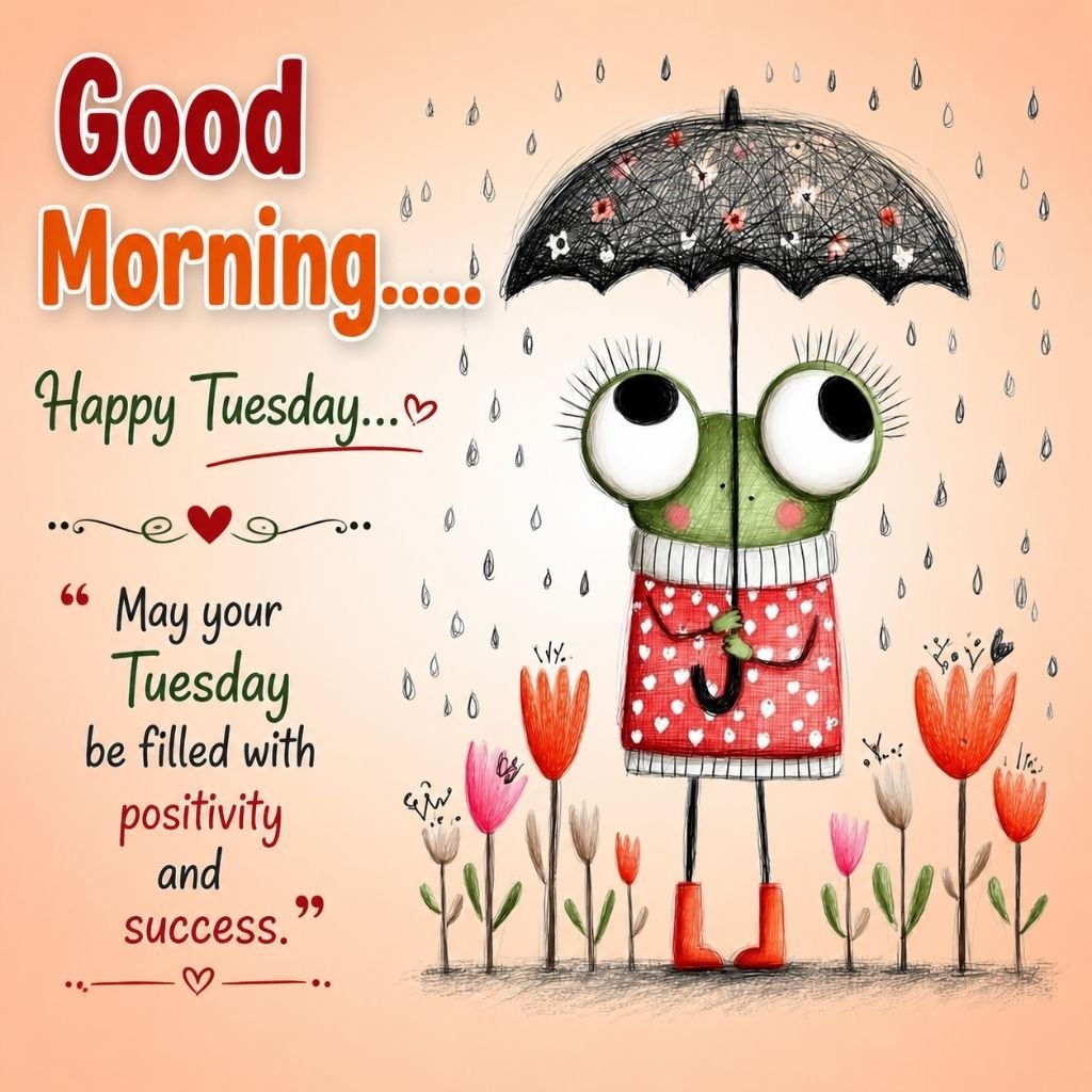 good morning happy tuesday image of a cute frog holding an umbrella 