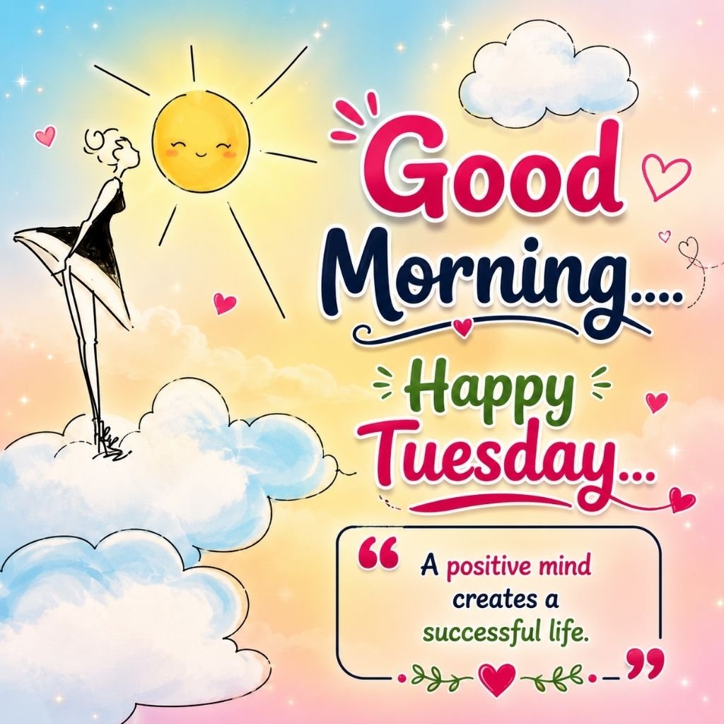 good morning happy tuesday image of a girl standing on clouds