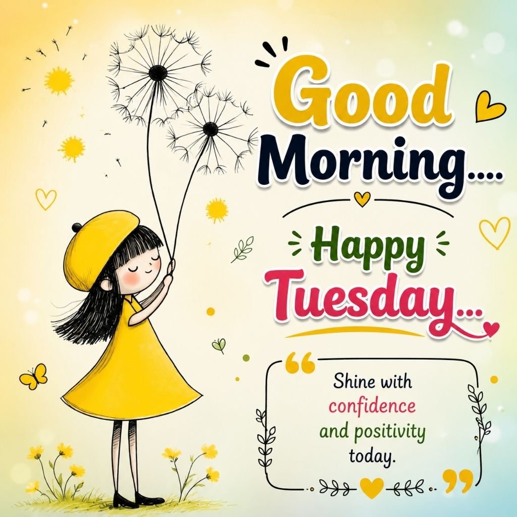 good morning happy tuesday image with a cute girl holding dandelion balloons 