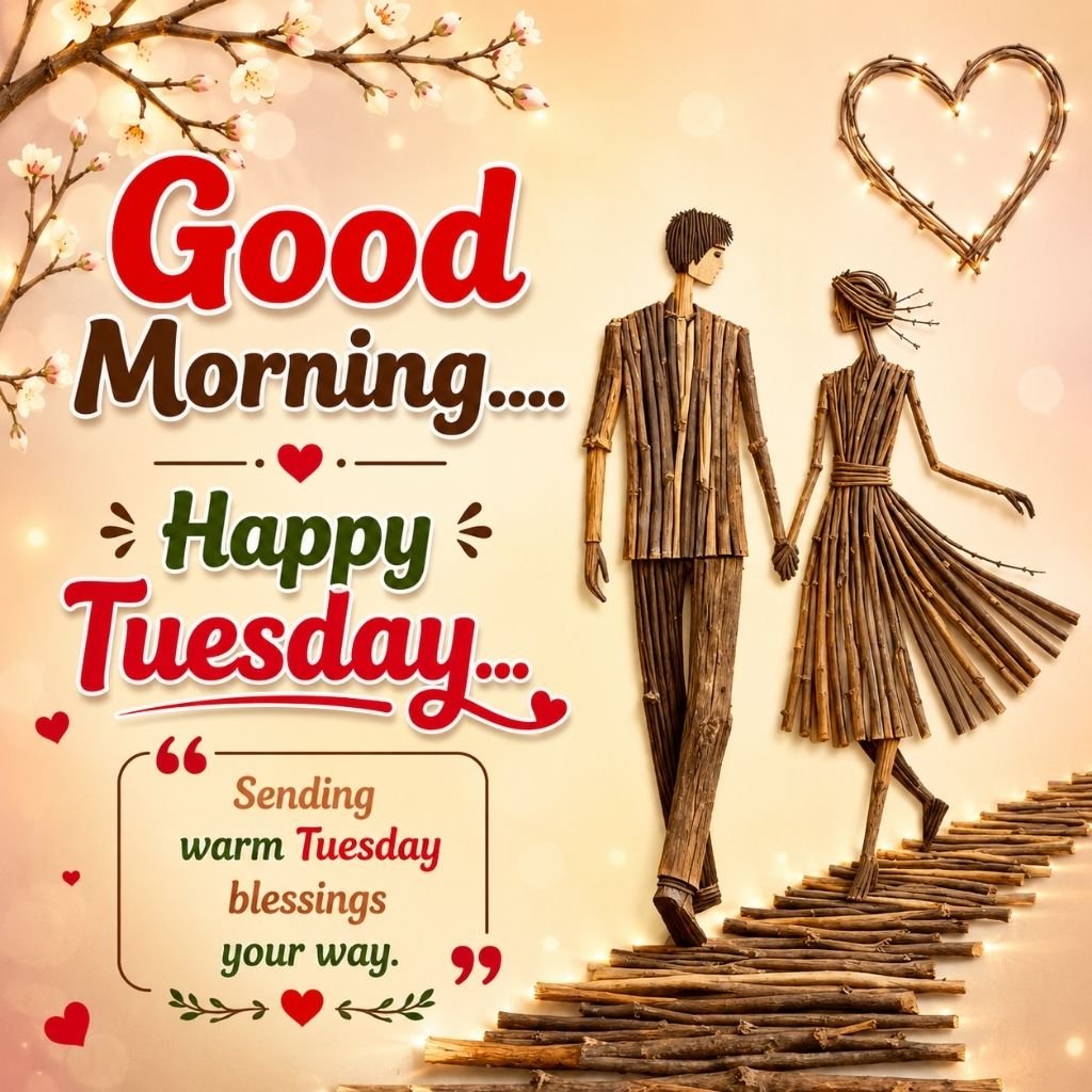 good morning happy tuesday image with a rustic wooden couple