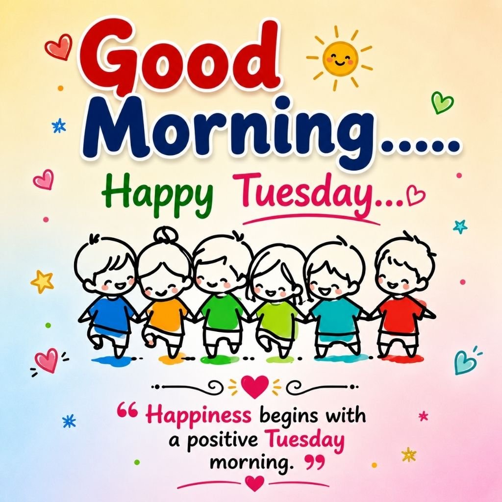 good morning happy tuesday image with happy cartoon children holding hands