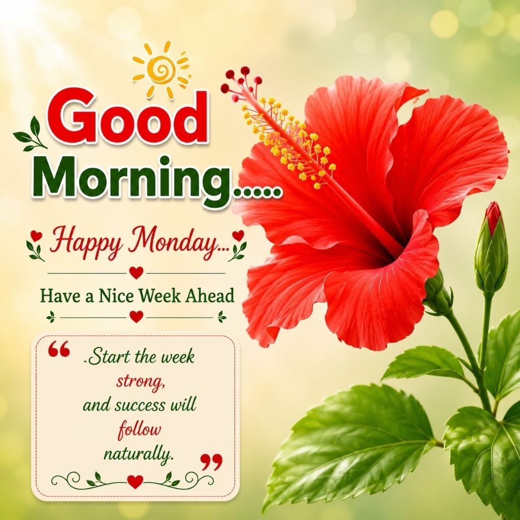 happy monday image featuring a red hibiscus flower
