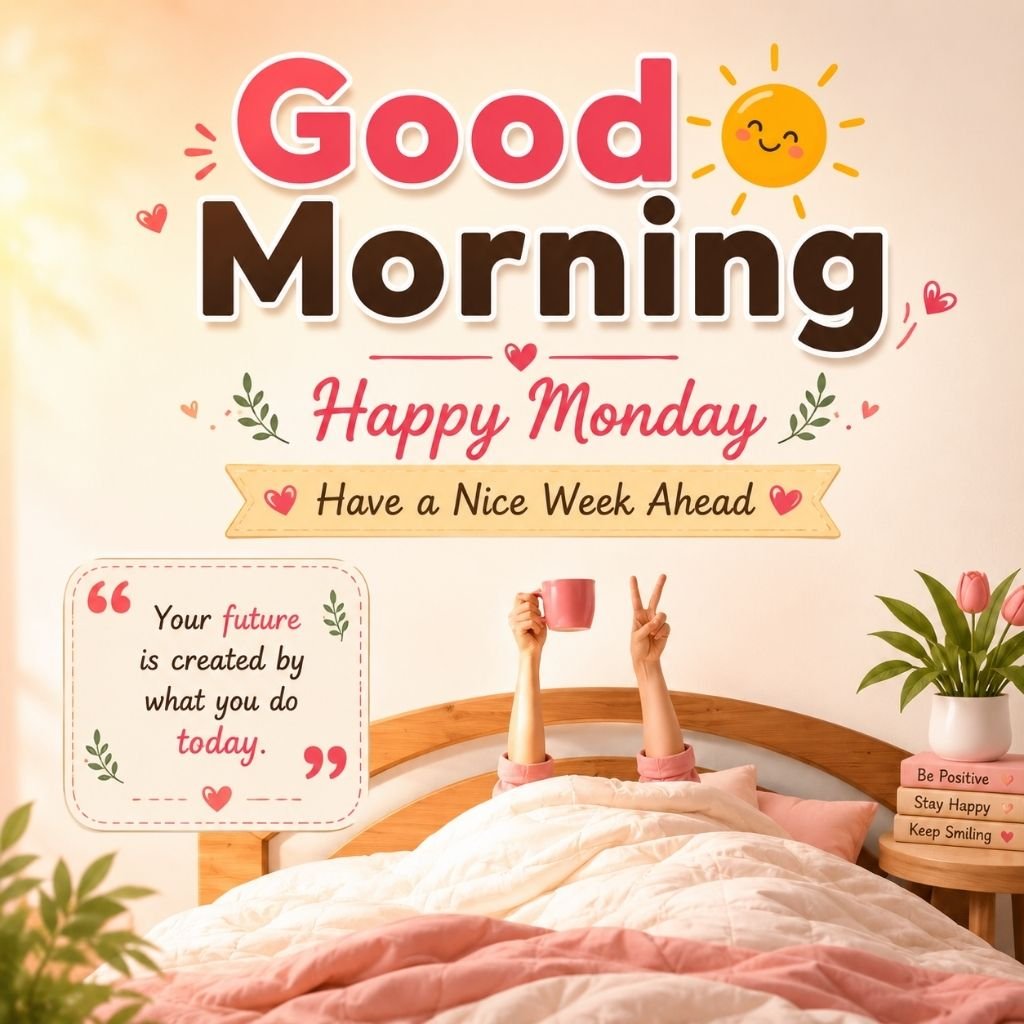 happy monday image showing a cozy bed