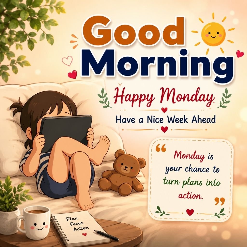 happy monday image with a child holding a tablet