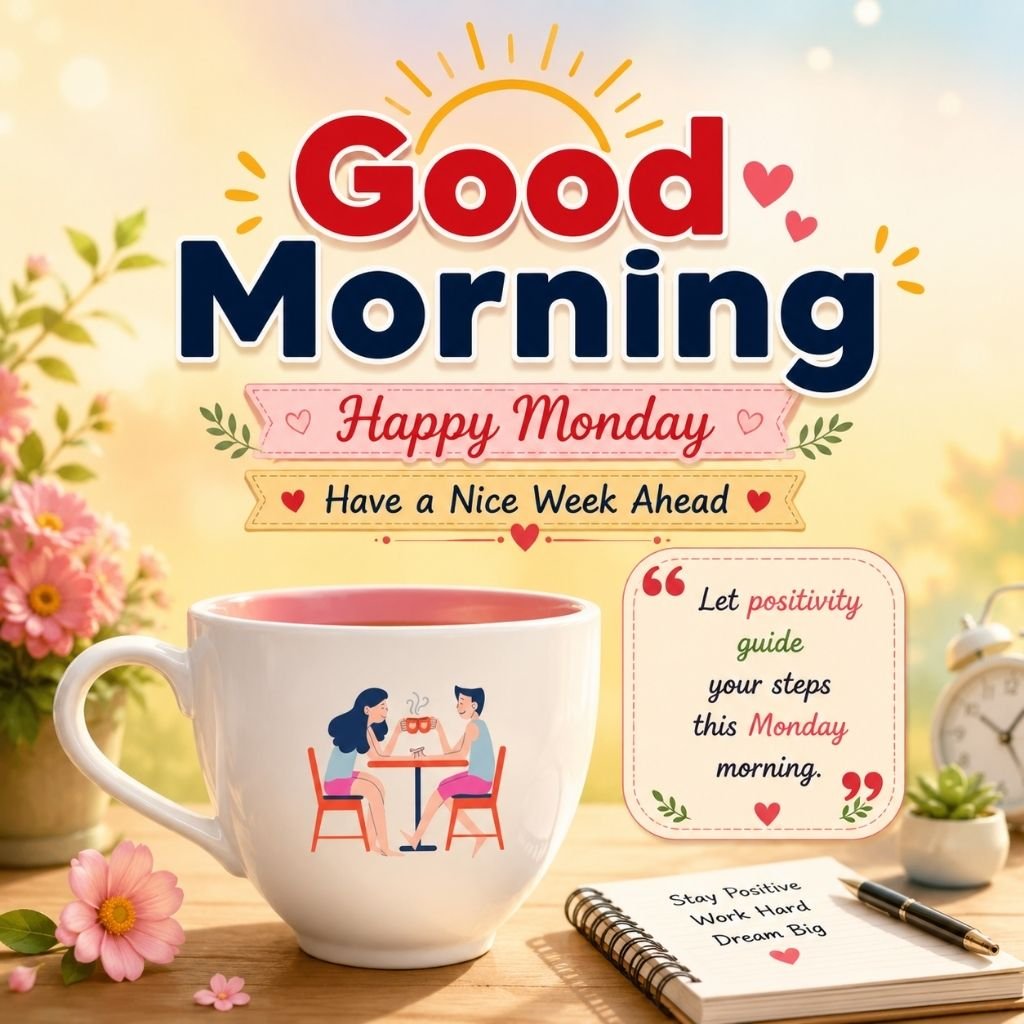 happy monday image with a coffee mug