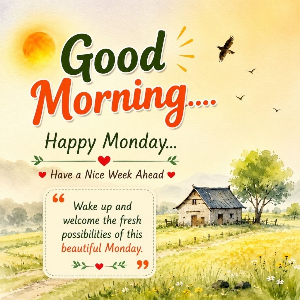 happy monday image with a countryside cottage
