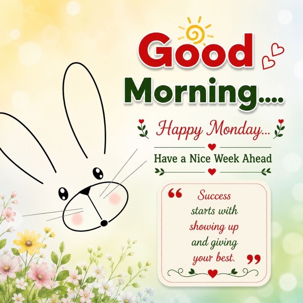 happy monday image with a cute bunny drawing