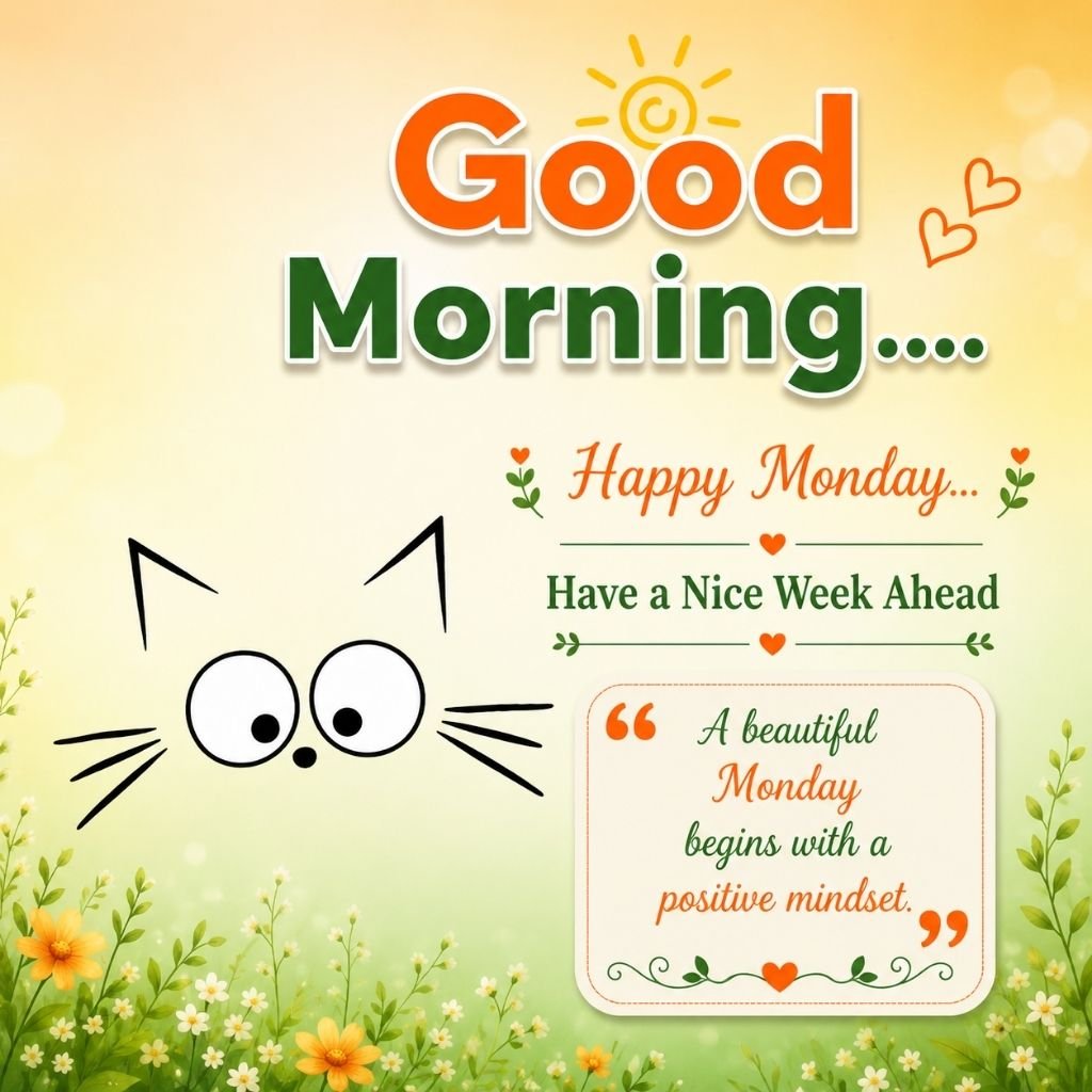 happy monday image with a cute cat drawing