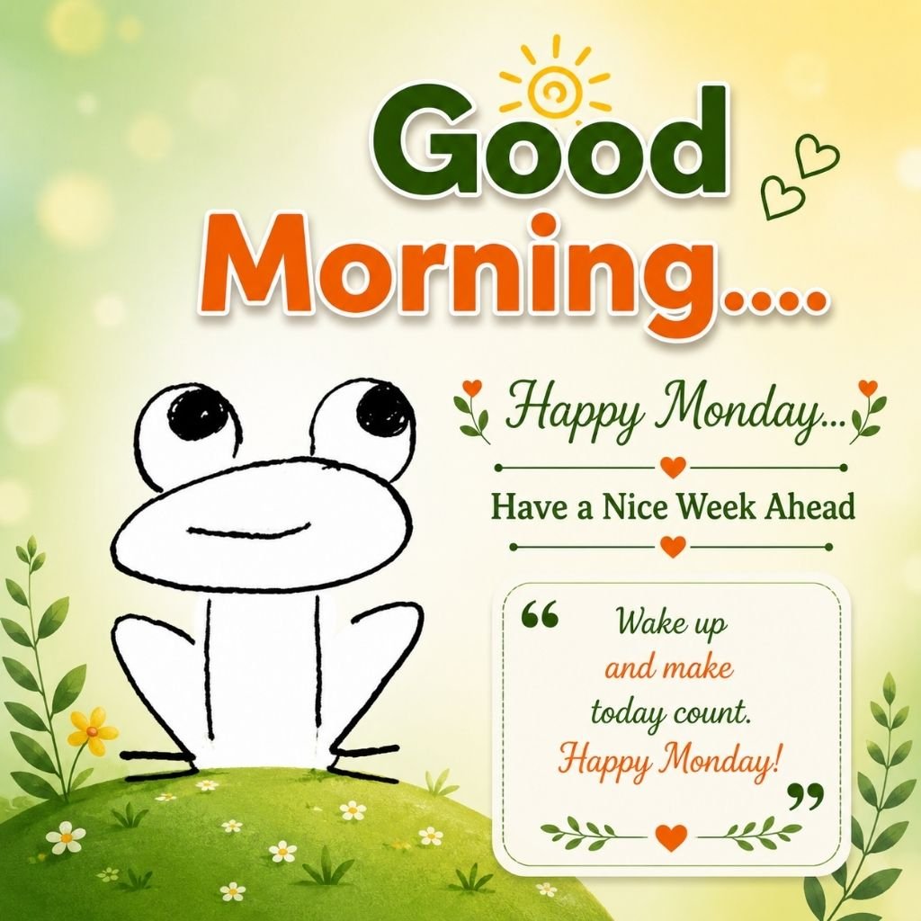 happy monday image with a cute frog cartoon