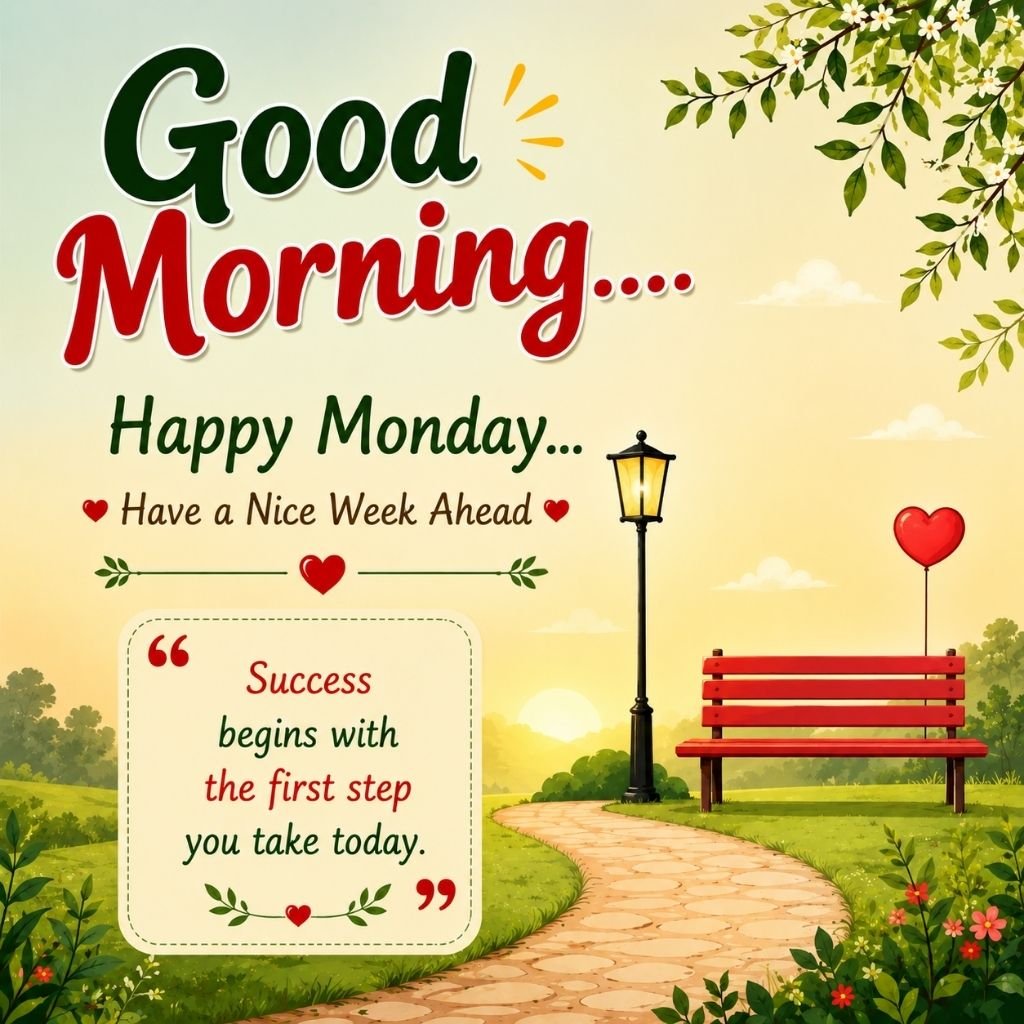 happy monday image with a garden pathway