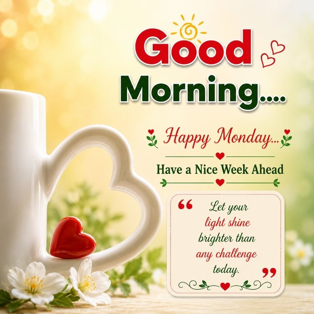 happy monday image with a heart-shaped coffee mug