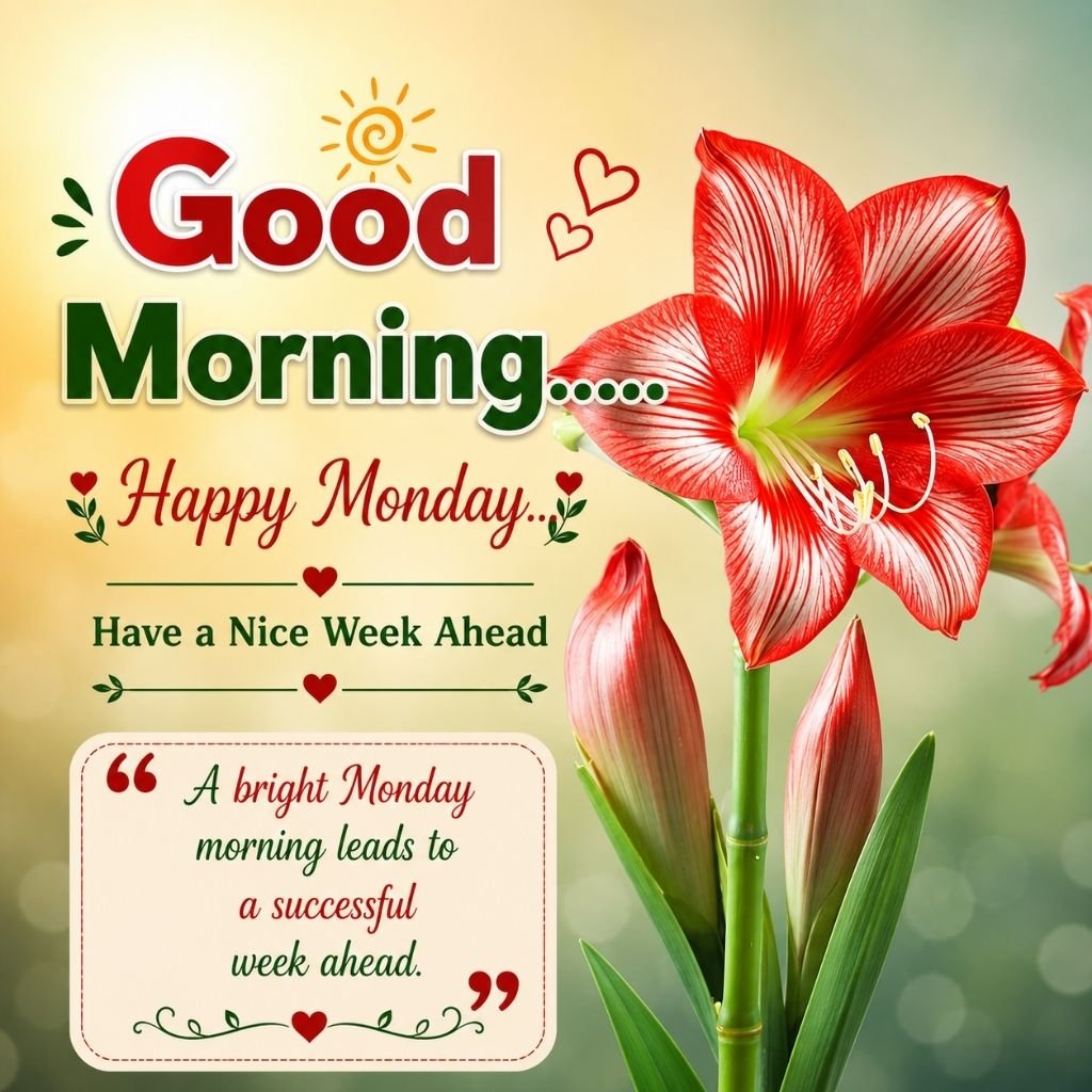 happy monday image with a red amaryllis flower