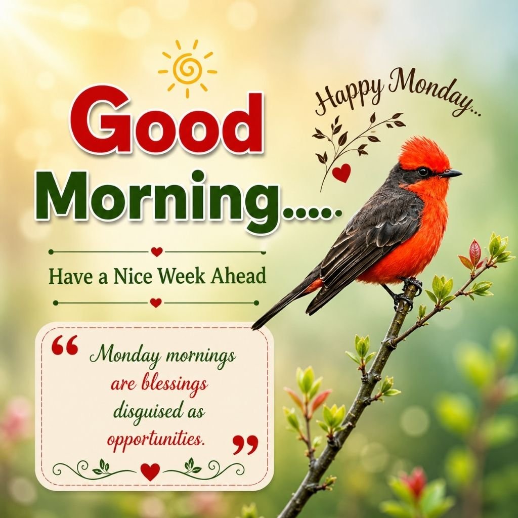happy monday image with a red bird on a branch