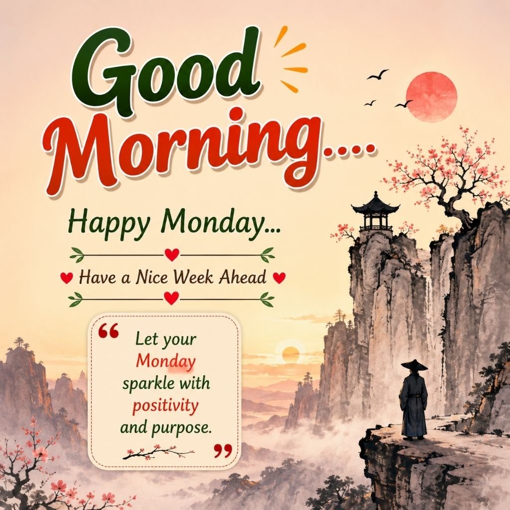 happy monday image with a scenic mountain view