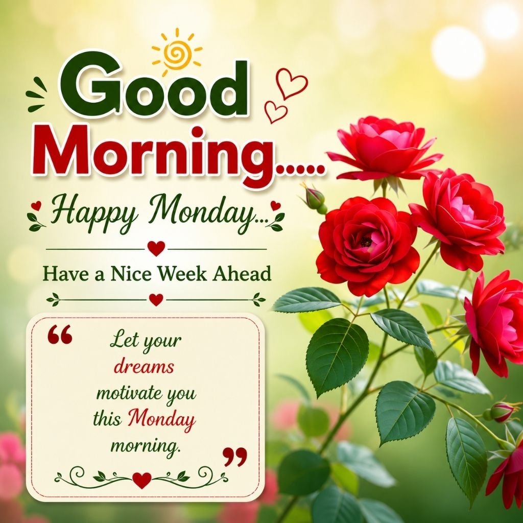 happy monday image with blooming red roses