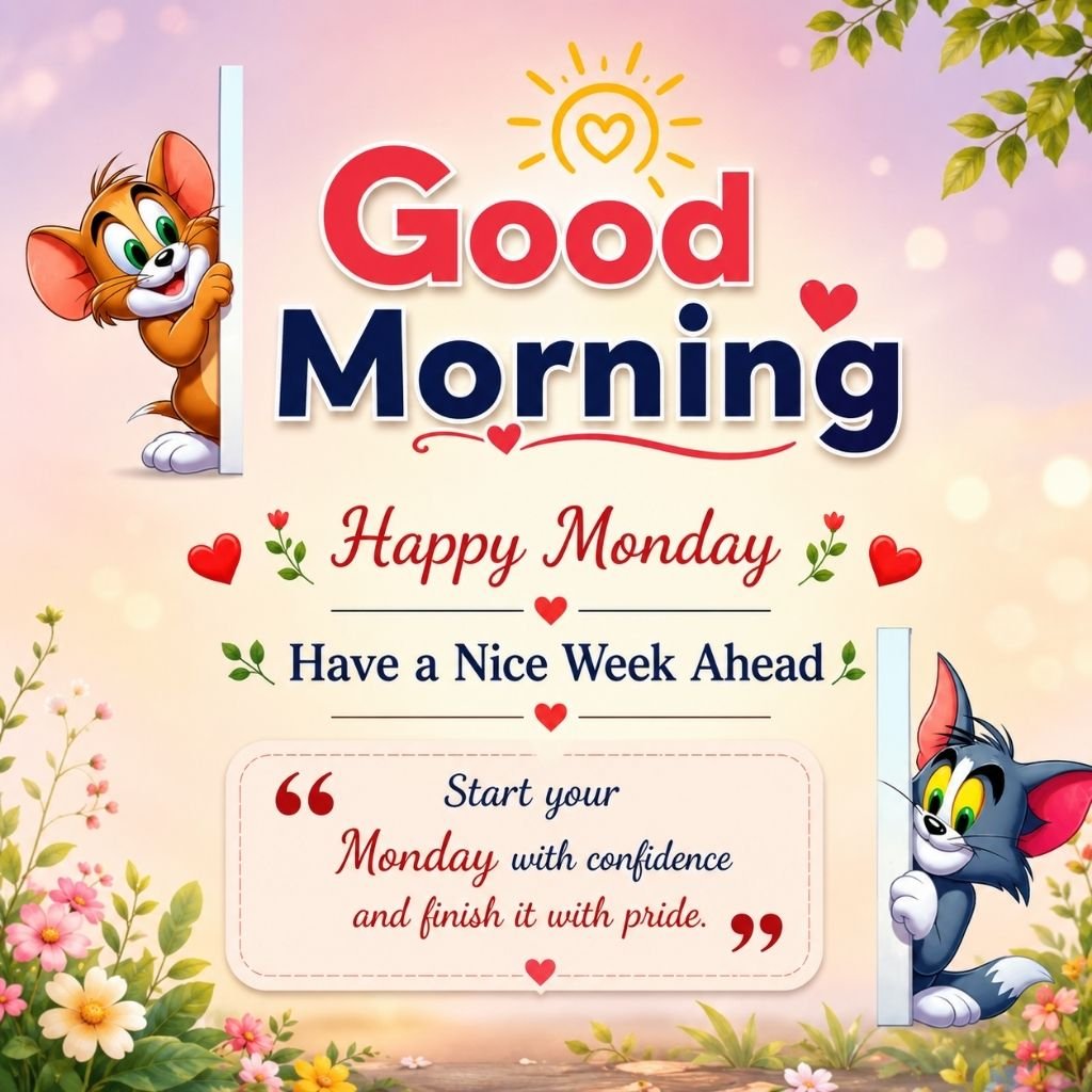 happy monday image with cute cartoon characters peeking from the sides