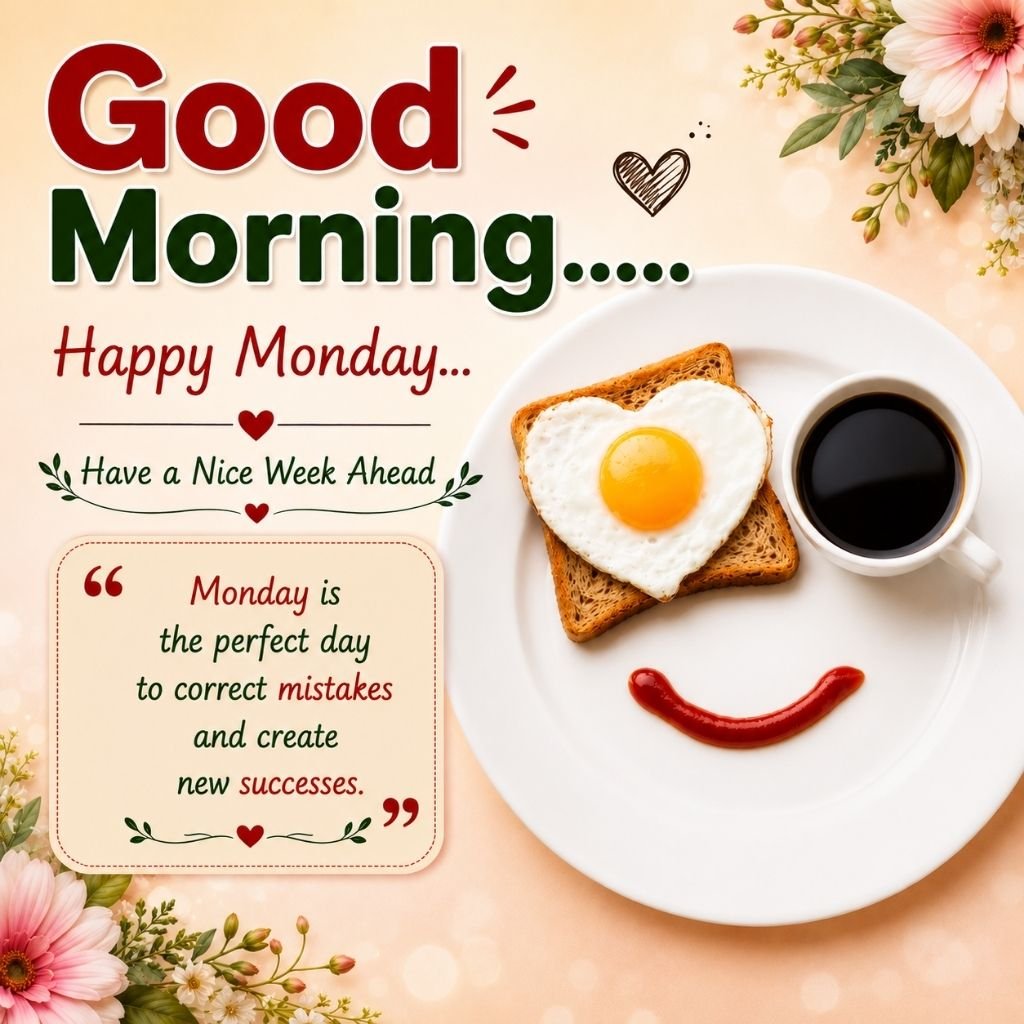 happy monday image with heart-shaped breakfast