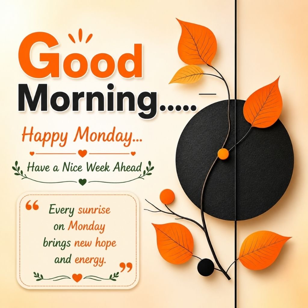 happy monday image with modern leaf design