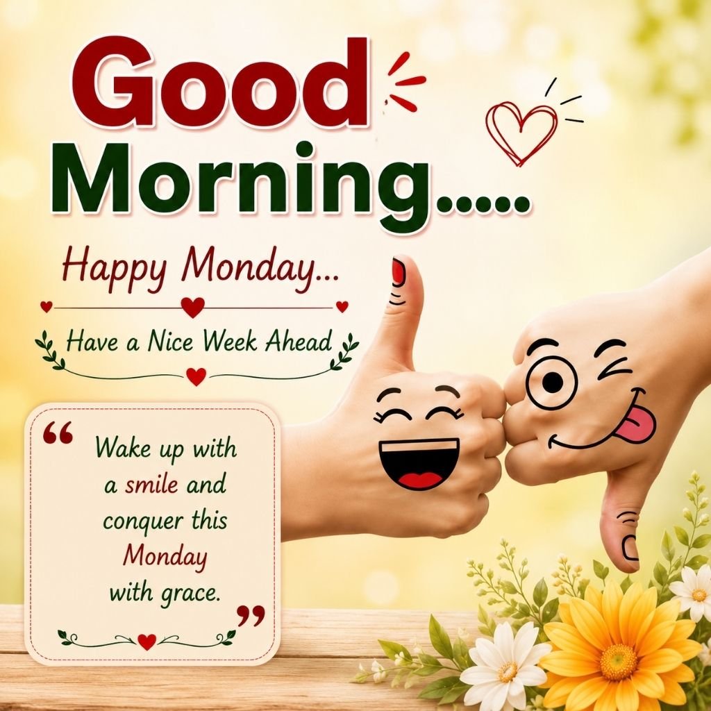 happy monday image with smiling hand gestures