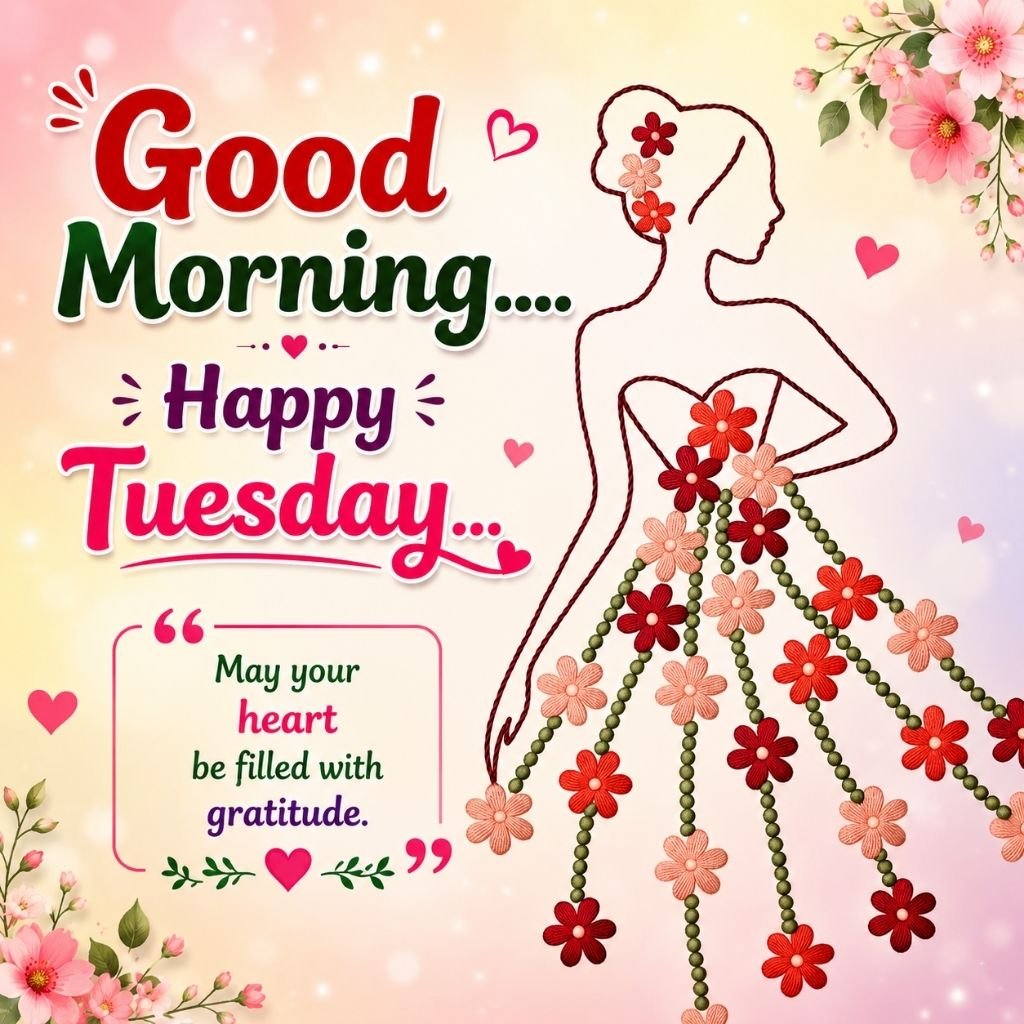 happy tuesday image featuring a woman silhouette in a floral dress 