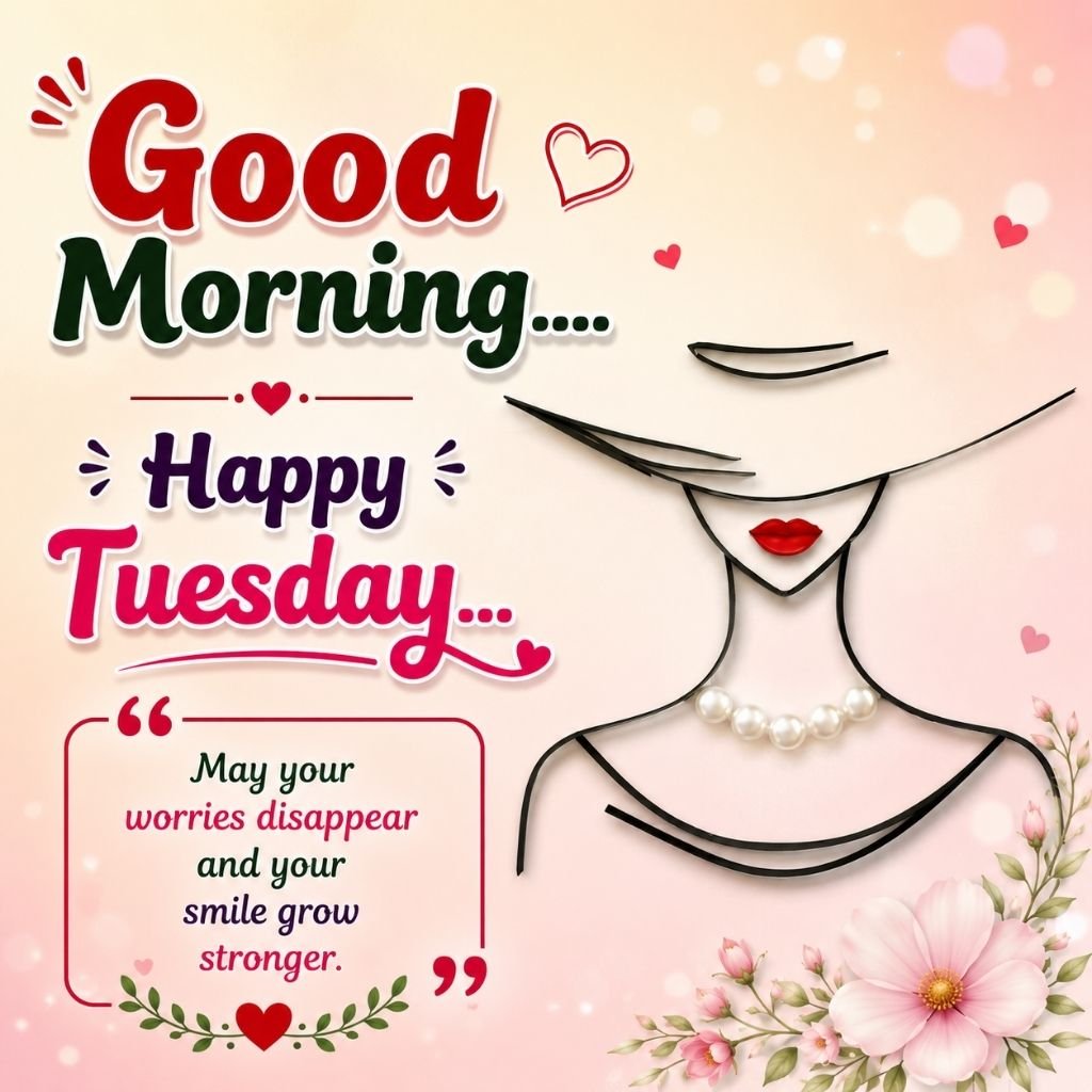 happy tuesday image featuring elegant lady line art with flowers